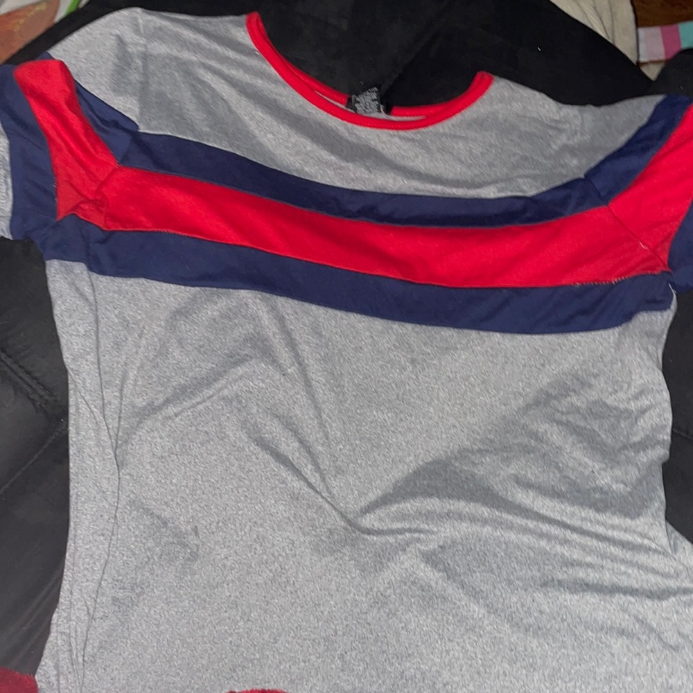 gray red and blue striped top
